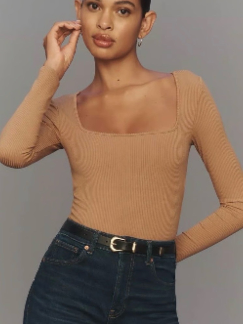 L*SPACE AMORE RIN BODYSUOT Square-Neck Ribbed Long Sleeve Top - Tan